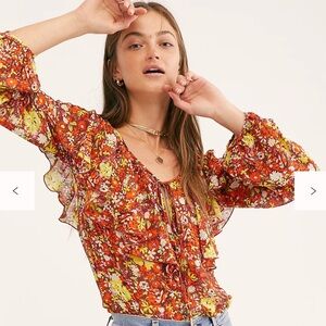 Floral Ruffle Blouse - Red and Yellow